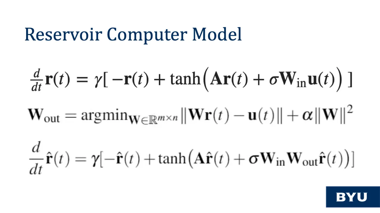 Slide 8: Reservoir computer model: the three governing equations