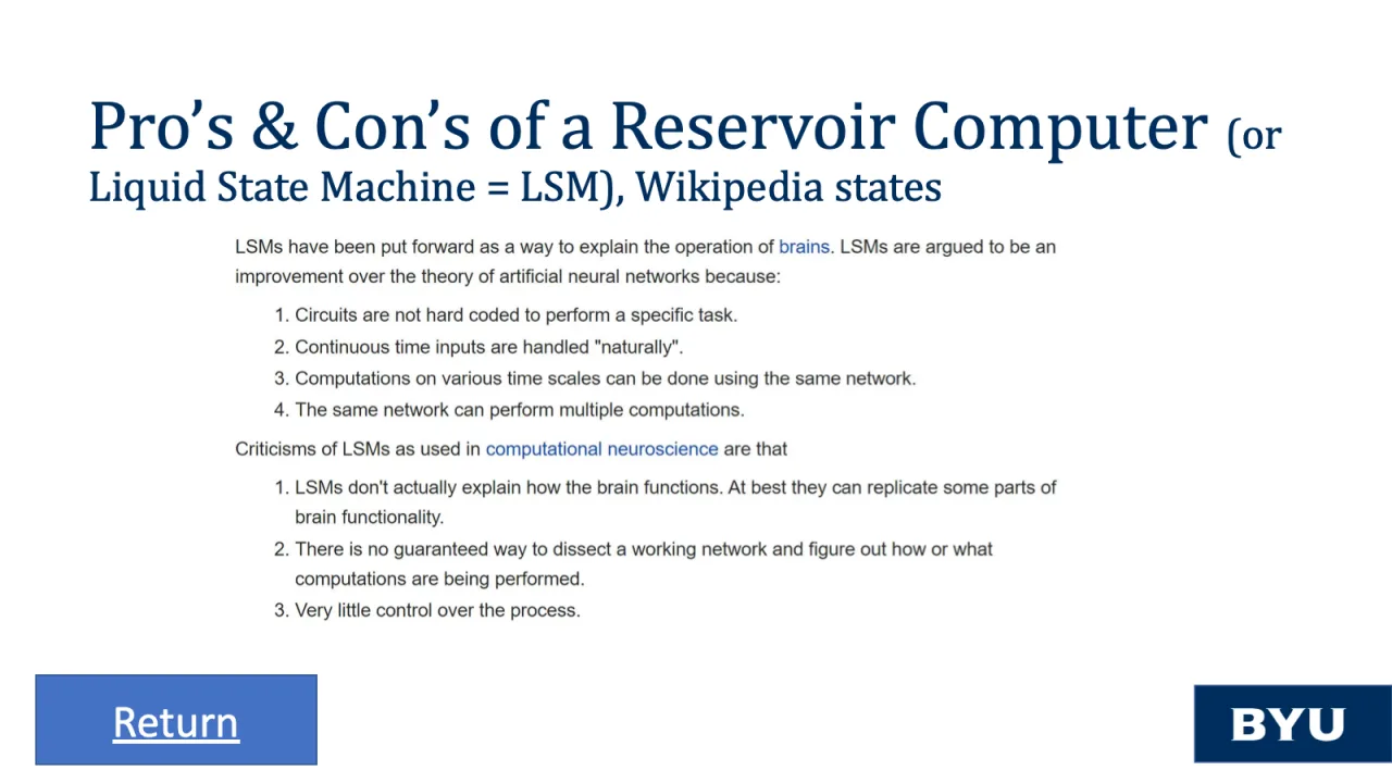 Slide 51: Pros and cons of a reservoir computer